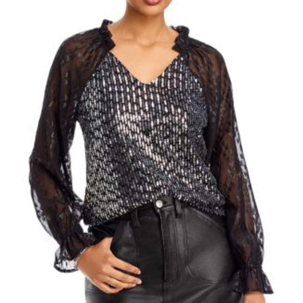 Cupio Black and Silver Blouse with Lace Sleeves